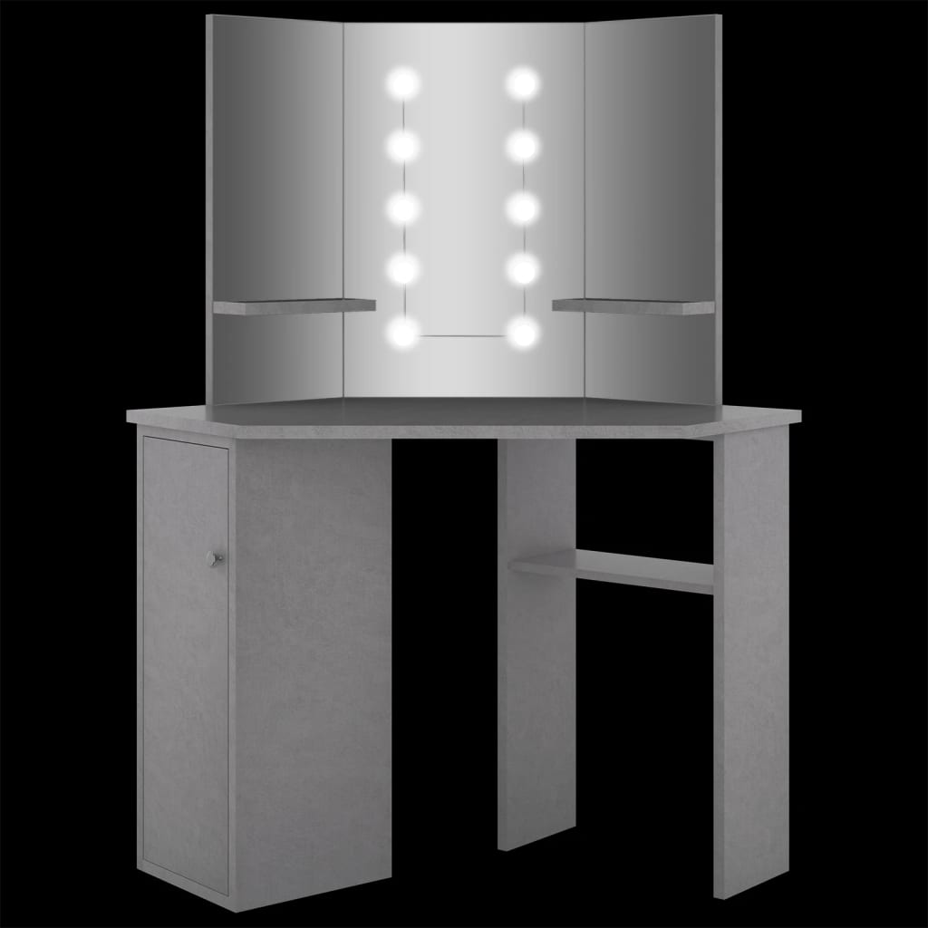 Hjørnemontert sminkebord med LED betonggrå 111x54x141,5 cm
