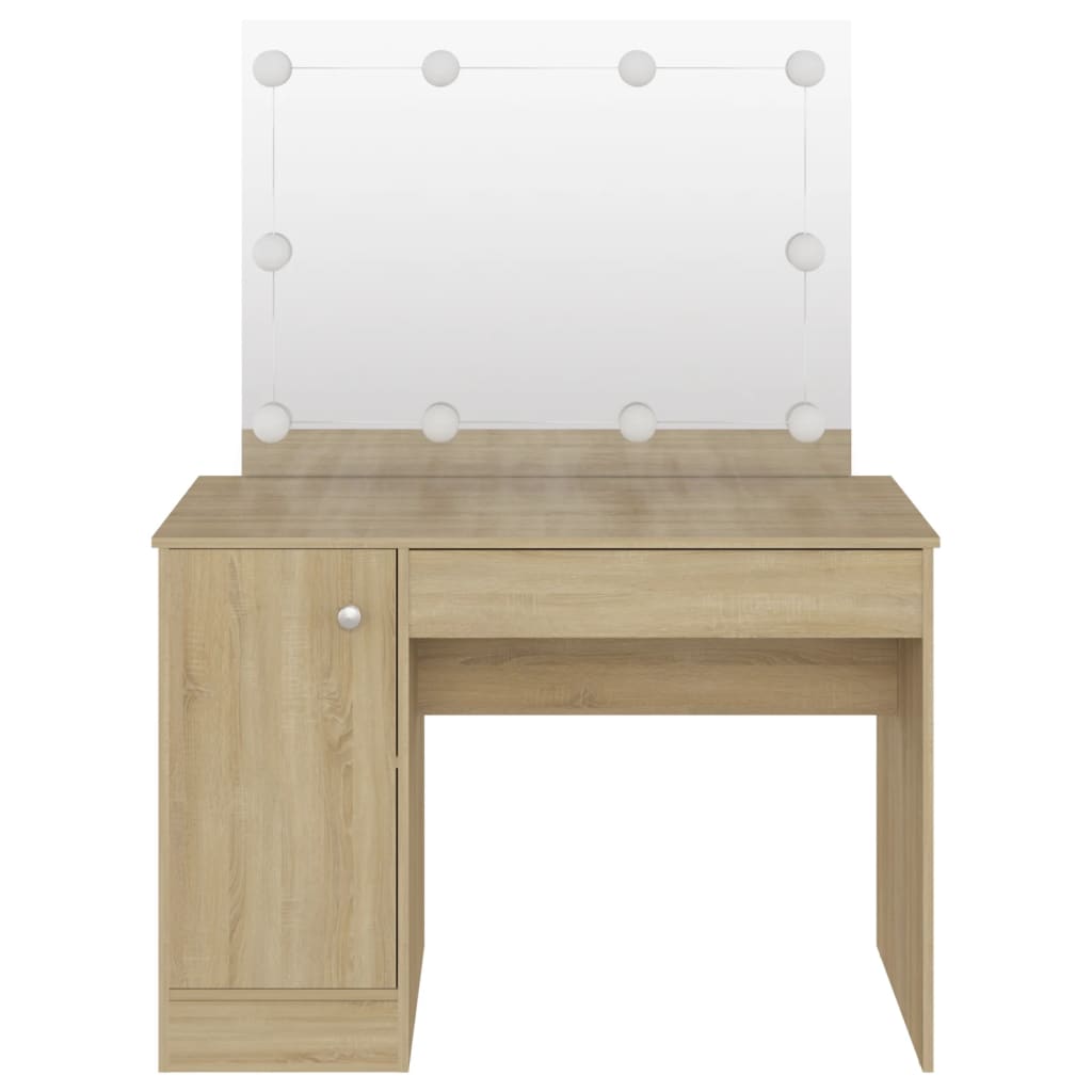 Sminkebord med LED-lys 110x55x145 cm MDF eik