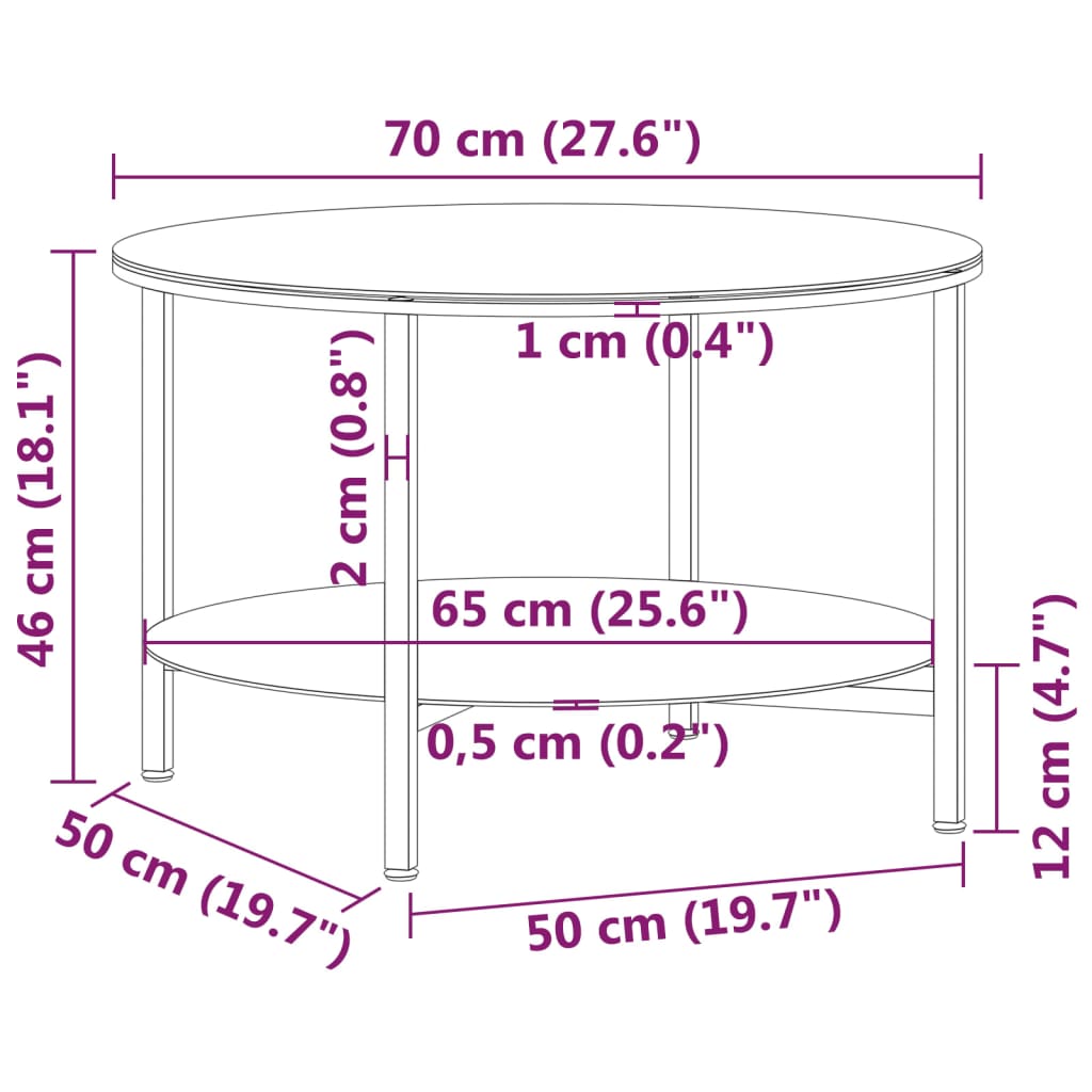 Tebord svart og gjennomsiktig 70 cm herdet glass