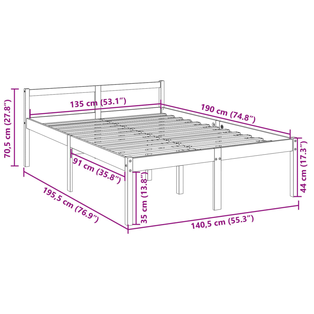 Sengeramme hvit 135x190 cm heltre furu