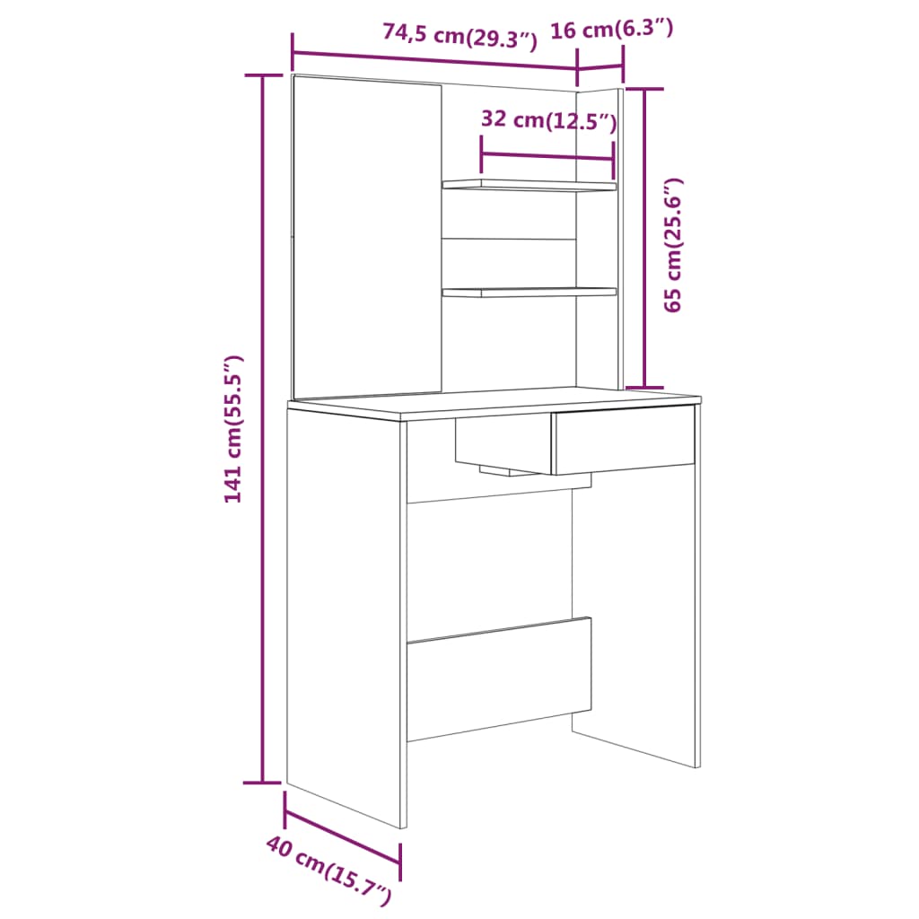 Sminkebordsett sonoma eik 74,5x40x141 cm