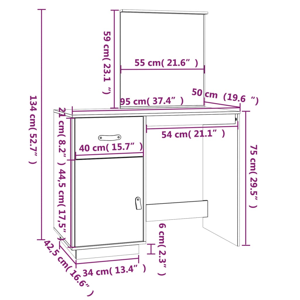 Sminkebord 95x50x134 cm heltre furu