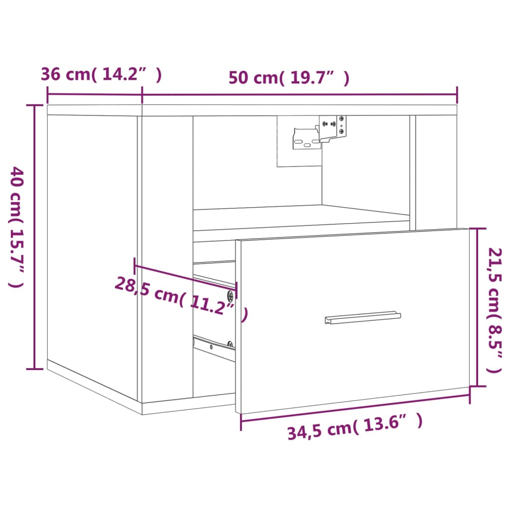 Veggmontert nattbord sonoma eik 50x36x40 cm