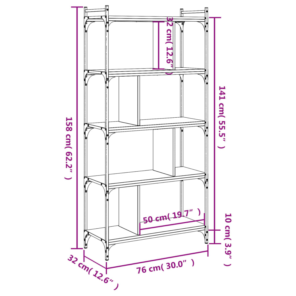 Bokhylle 5 etasjer svart 76x32x158 cm konstruert tre