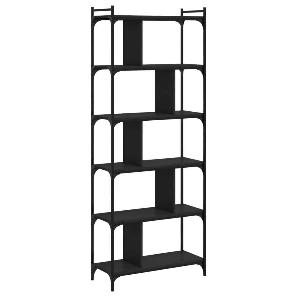 Bokhylle 6 etasjer svart 76x32x192 cm konstruert tre