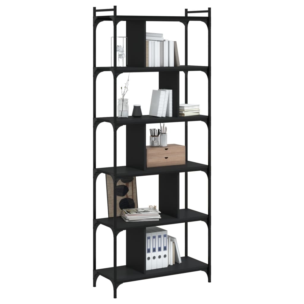 Bokhylle 6 etasjer svart 76x32x192 cm konstruert tre