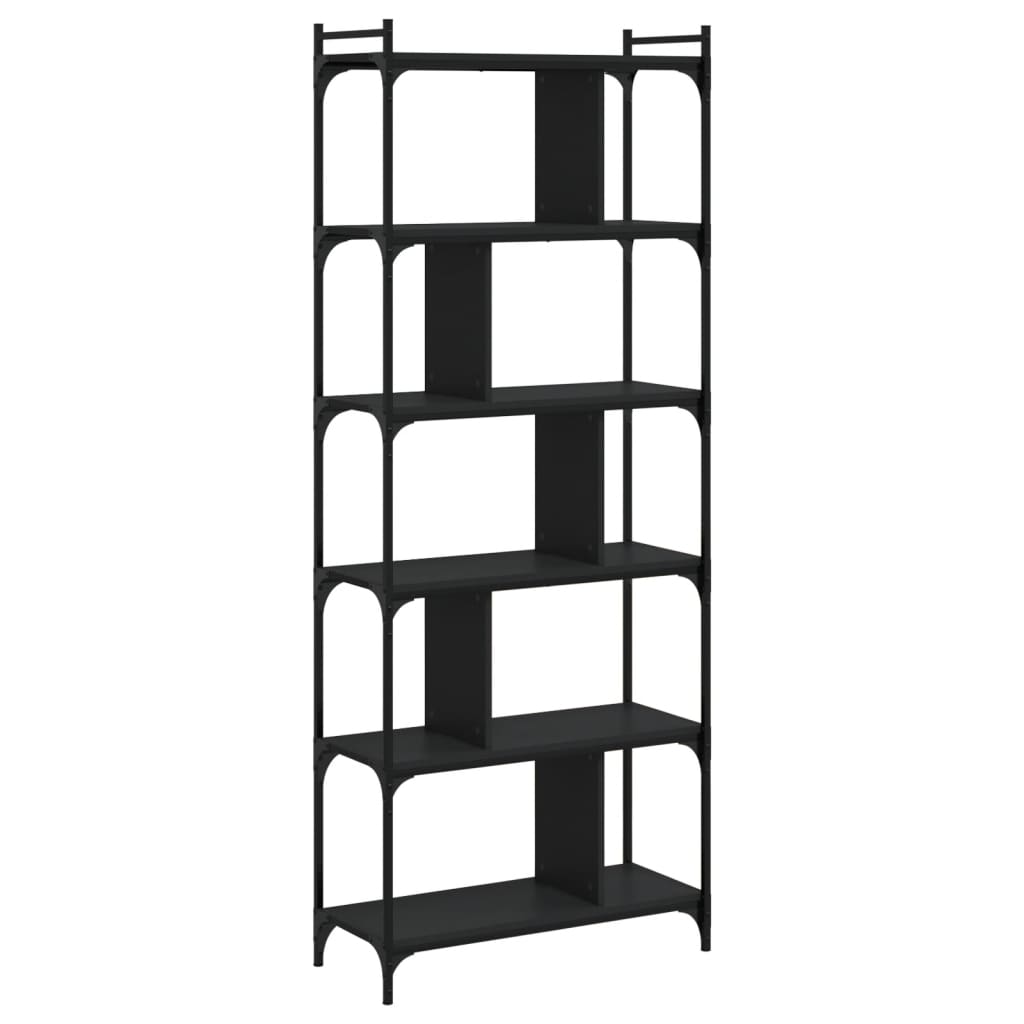 Bokhylle 6 etasjer svart 76x32x192 cm konstruert tre