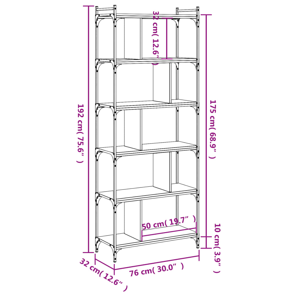 Bokhylle 6 etasjer svart 76x32x192 cm konstruert tre