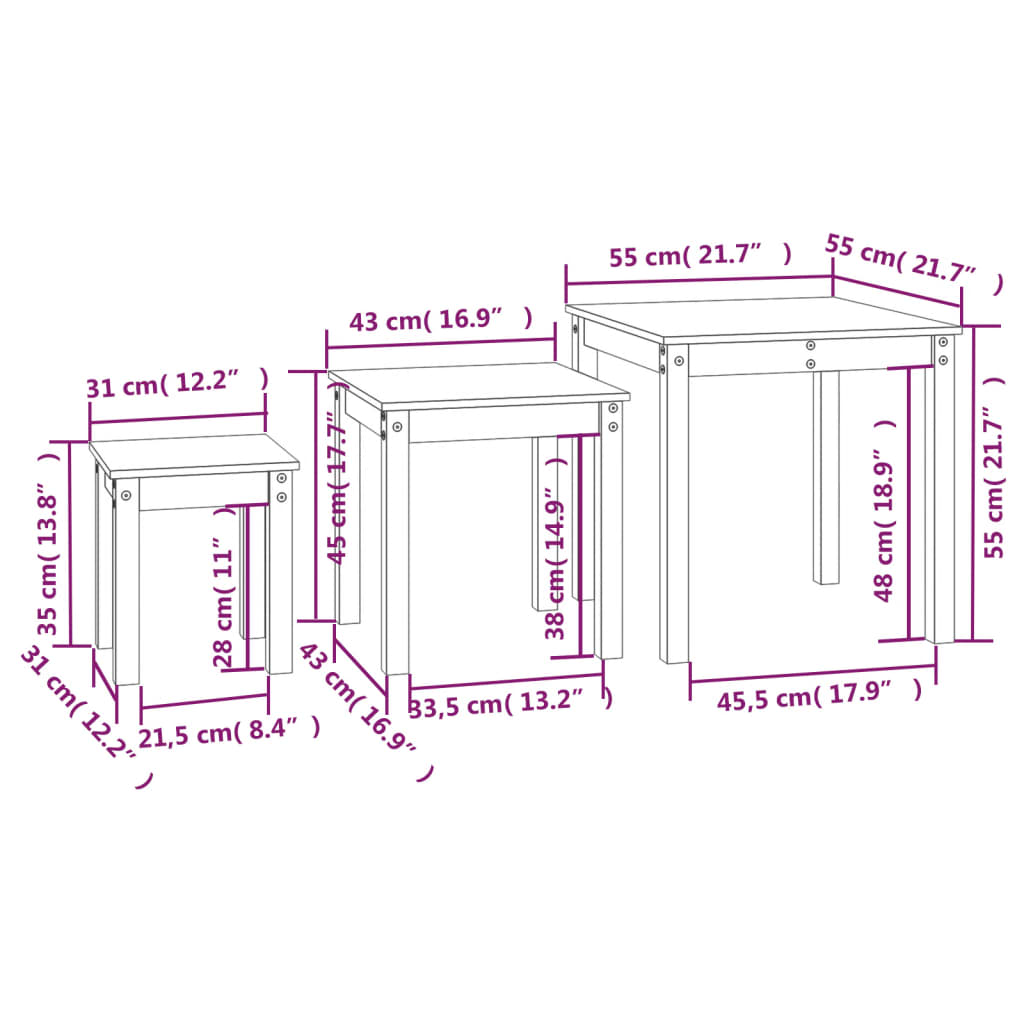 Stablebord 3 stk honningbrun heltre furu