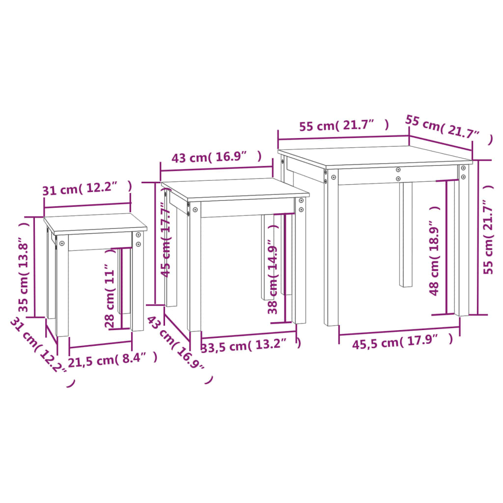 Stablebord 3 stk svart heltre furu