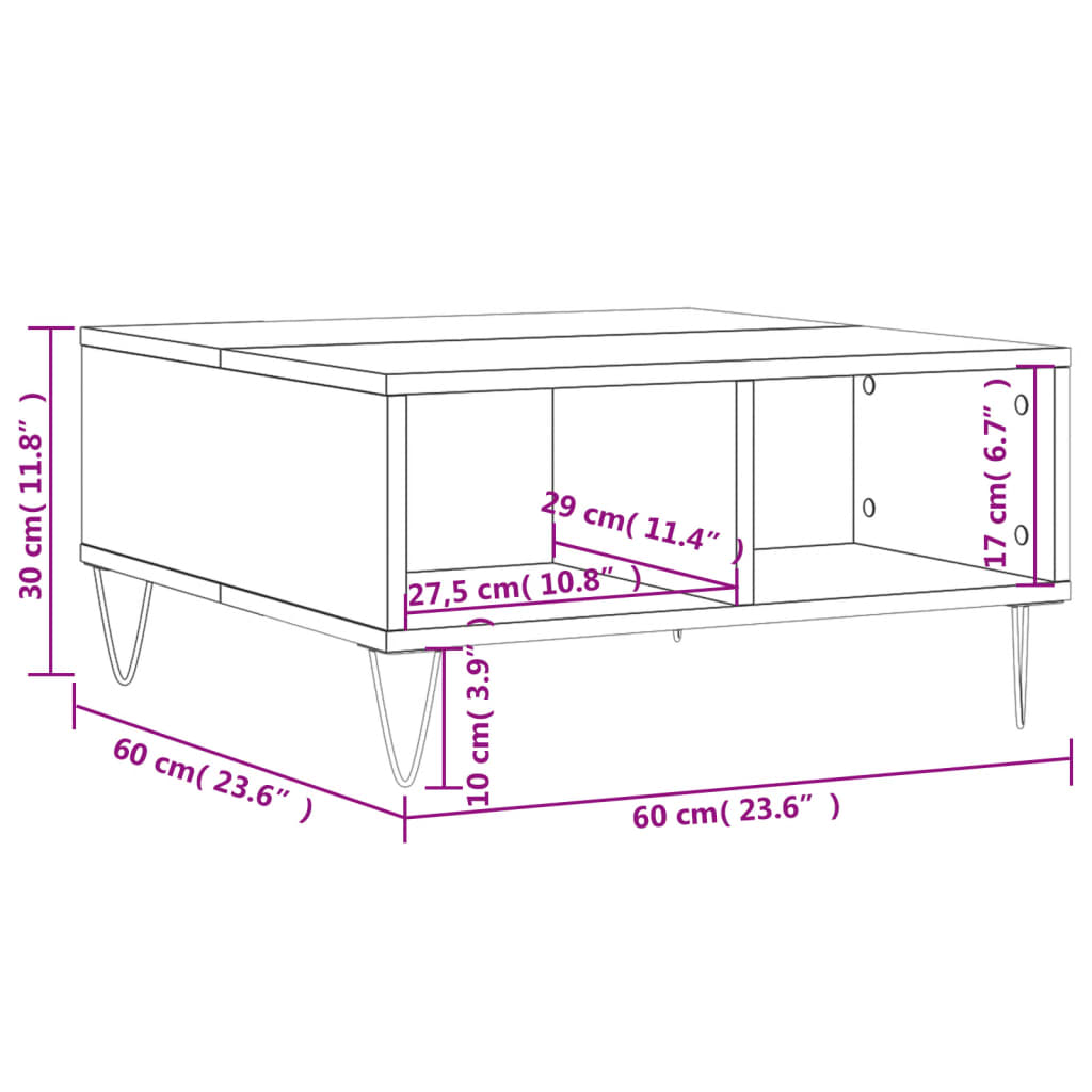 Sofabord hvit 60x60x30 cm konstruert tre