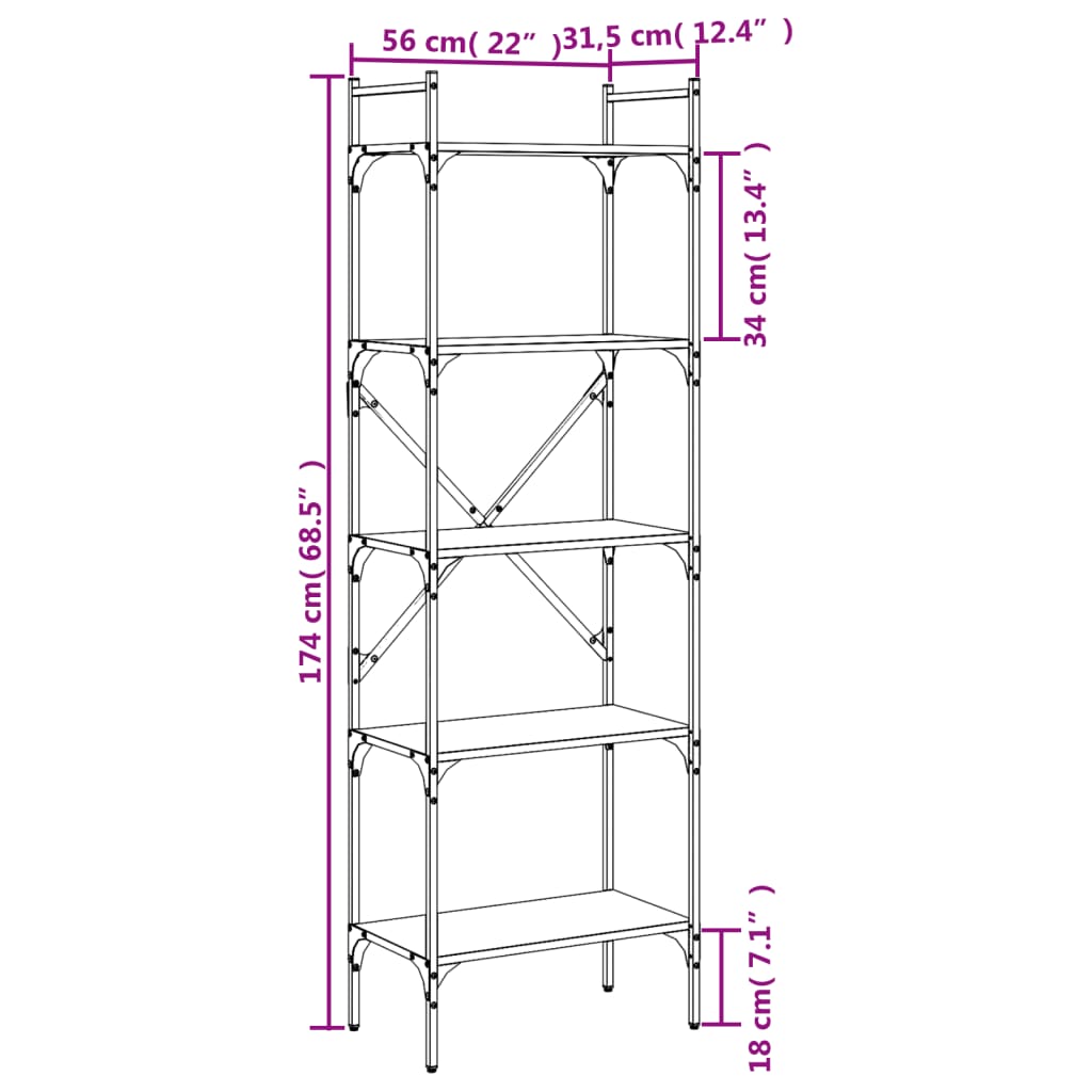 Bokhylle 5 etasjer svart 56x31,5x174 cm konstruert tre
