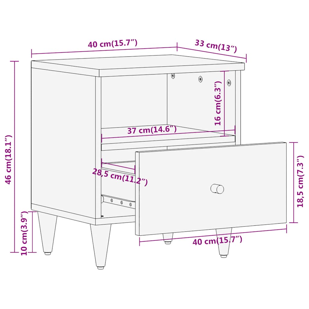 Nattbord 2 stk 40x33x46 cm heltre mango