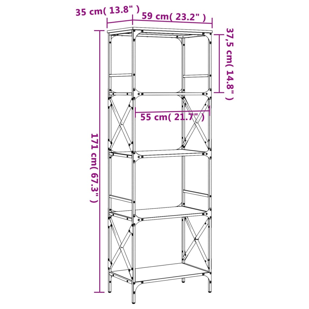 Bokhylle 5 etasjer svart 59x35x171 cm konstruert tre