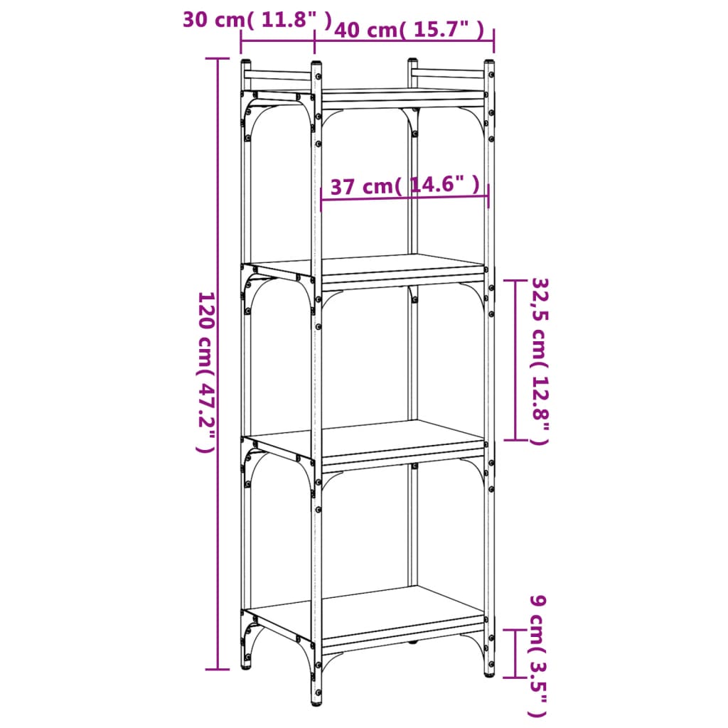 Bokhylle 4 etasjer svart 40x30x120 cm konstruert tre