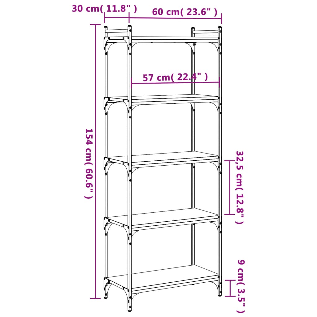 Bokhylle 5 etasjer svart 60x30x154 cm konstruert tre