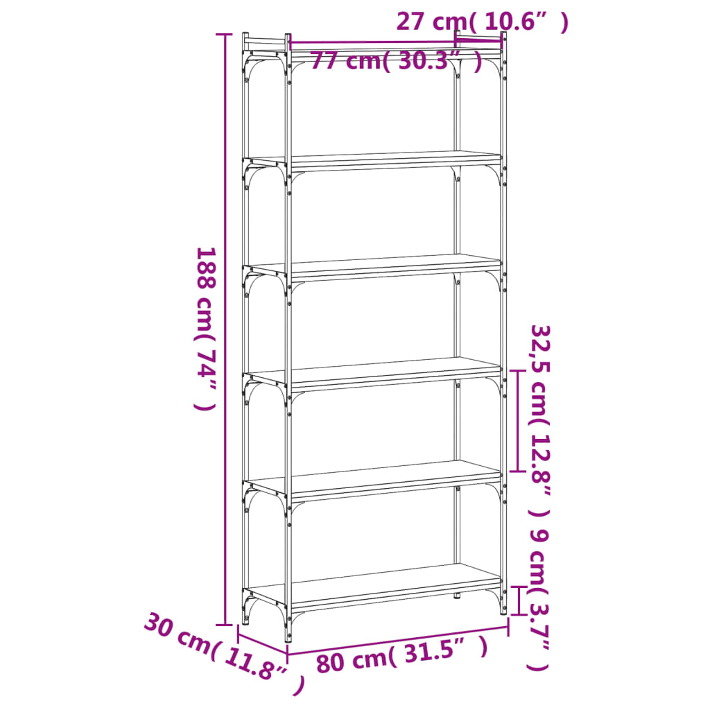 Bokhylle 6 etasjer svart 80x30x188 cm konstruert tre