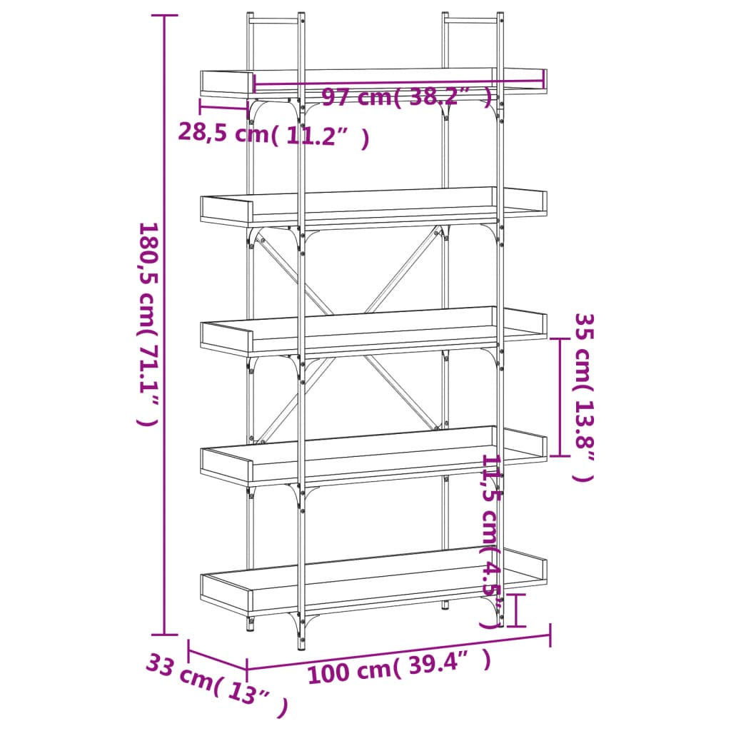 Bokhylle 5 etasjer svart 100x33x180,5 cm konstruert tre