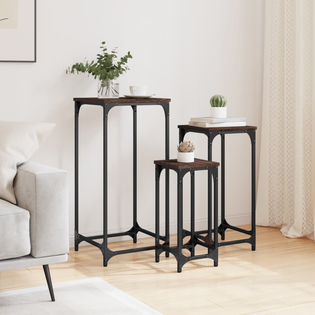 Stablebare sidebord 3 stk brun eik konstruert tre