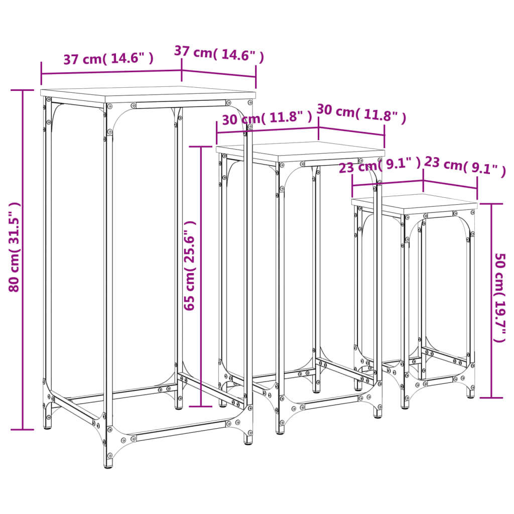 Stablebare sidebord 3 stk brun eik konstruert tre