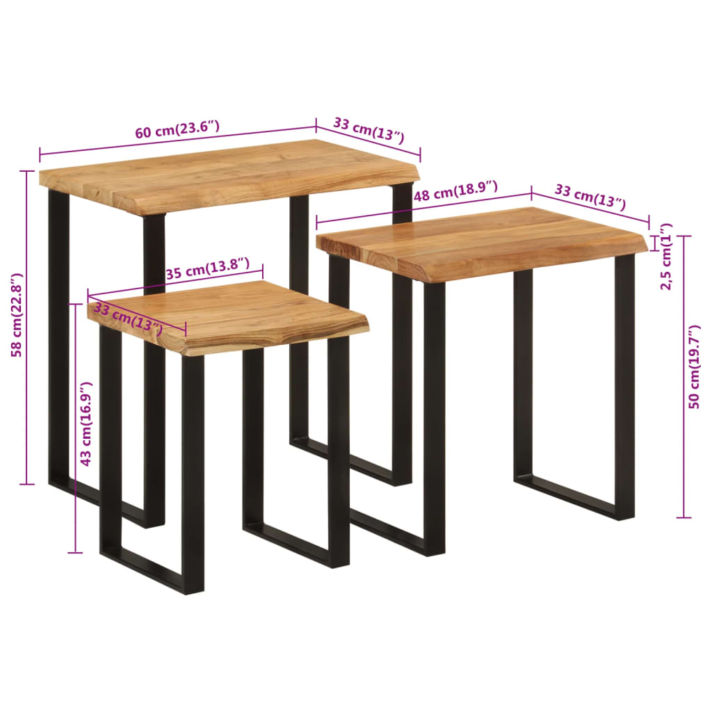 Stablebord med naturlig kant 3 stk heltre akasie
