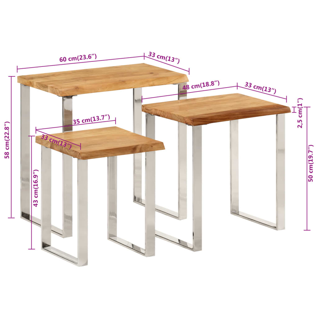 Stablebord med naturlig kant 3 stk heltre akasie