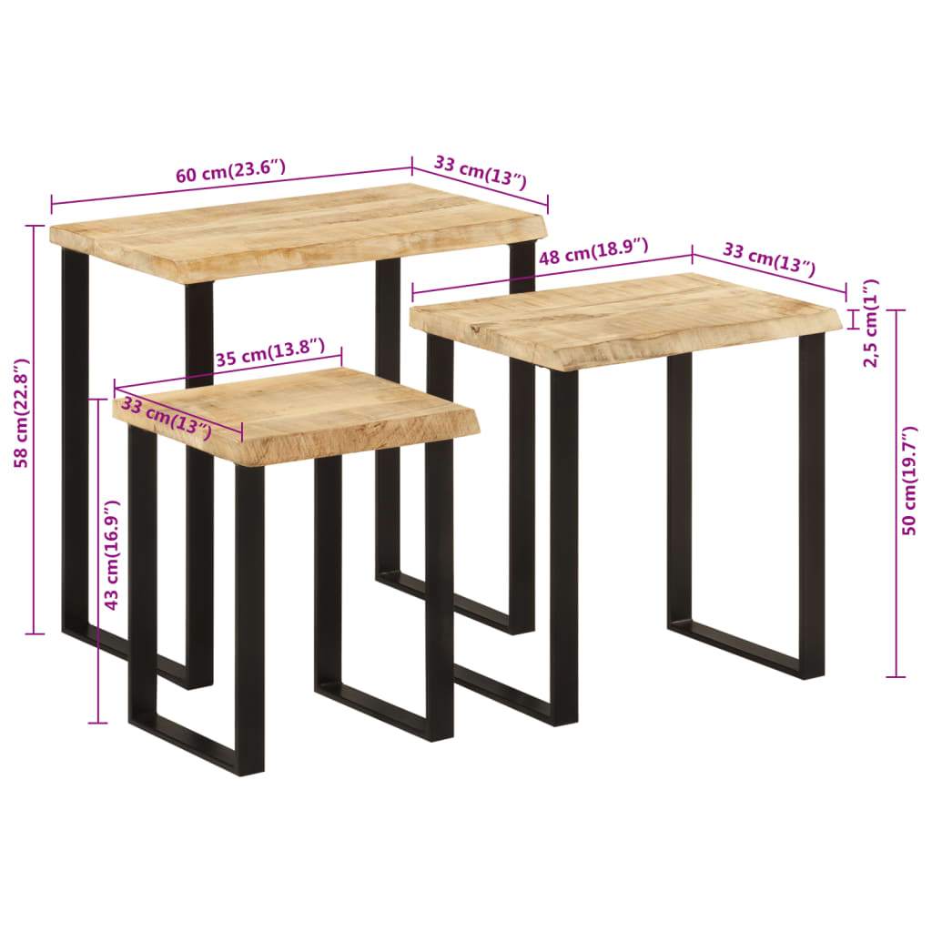 Stablebord med naturlig kant 3 stk heltre mango