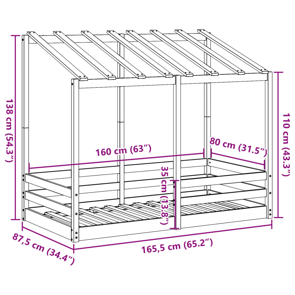 Barneseng med tak hvit 80x160 cm heltre furu