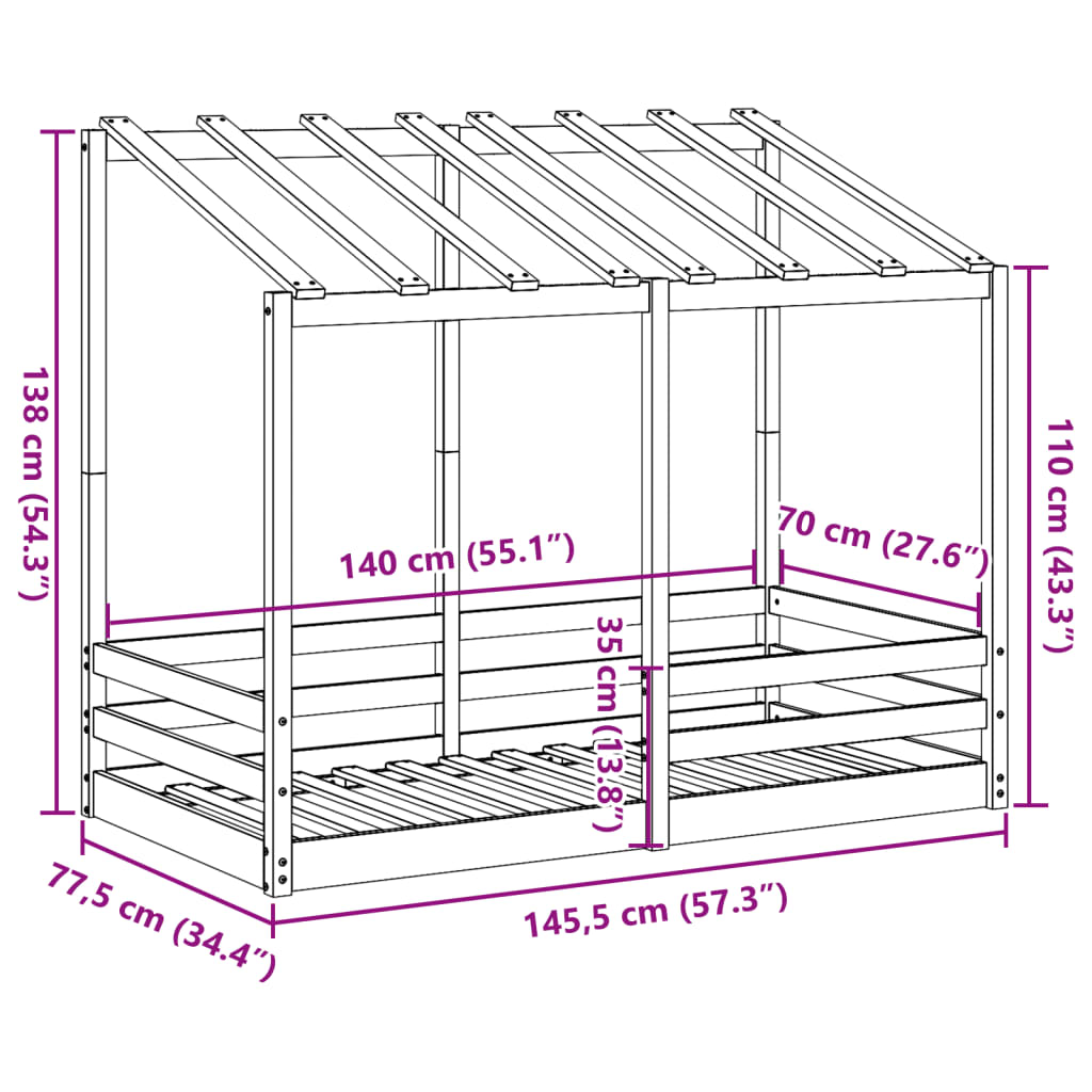Barneseng med tak hvit 70x140 cm heltre furu