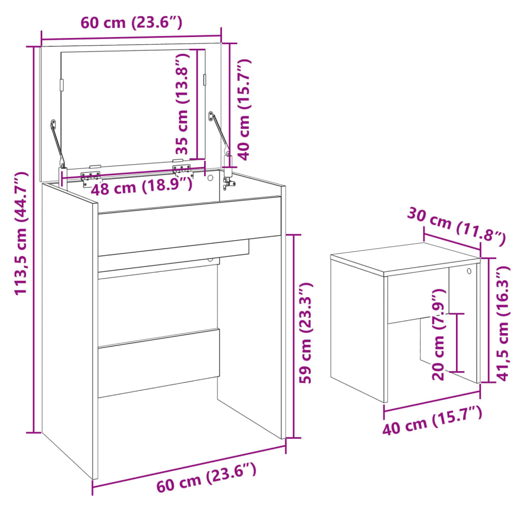 Sminkebord med krakk svart 60x40x113,5 cm