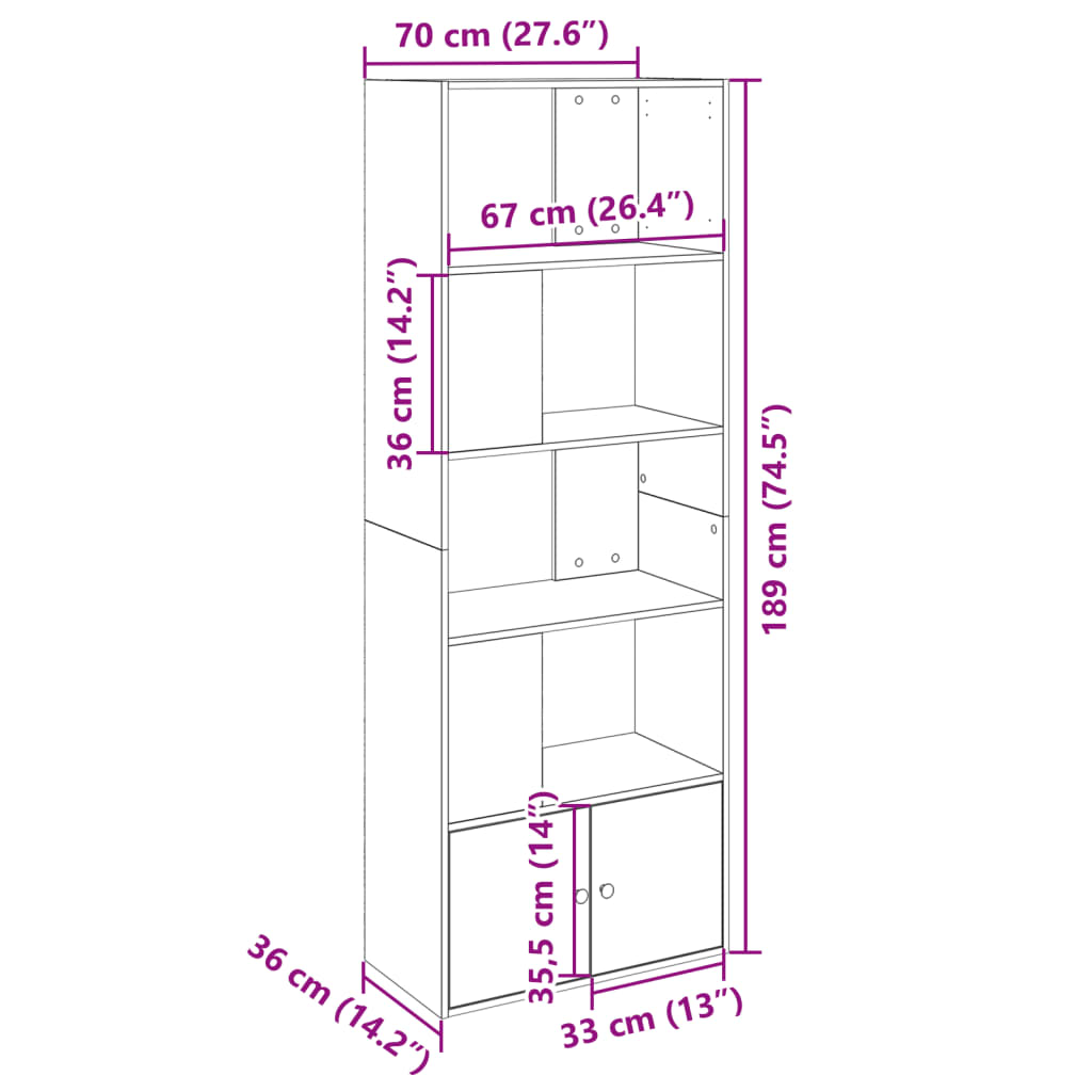 Bokhylle sonoma eik 70x36x189 cm konstruert tre
