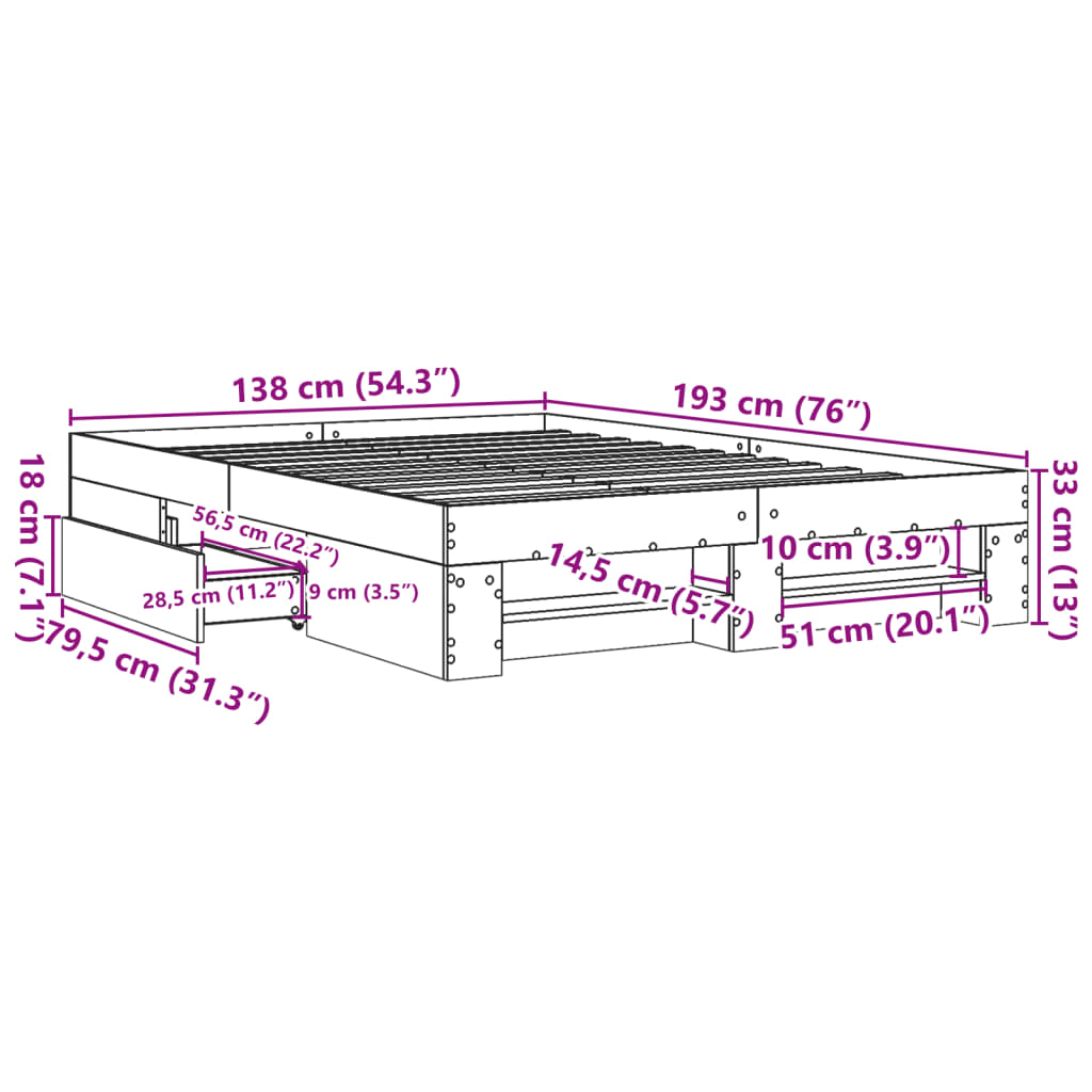 Sengeramme hvit 135x190 cm konstruert tre