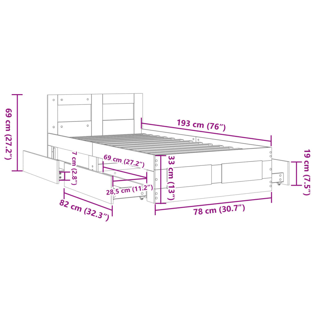 Sengeramme med hodegavl brun eik 75x190 cm konstruert tre