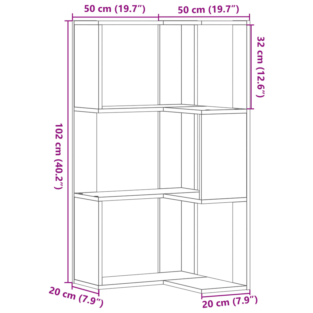 Bokhylle hjørne 3 lag sonoma eik 50x50x102 cm konstruert tre