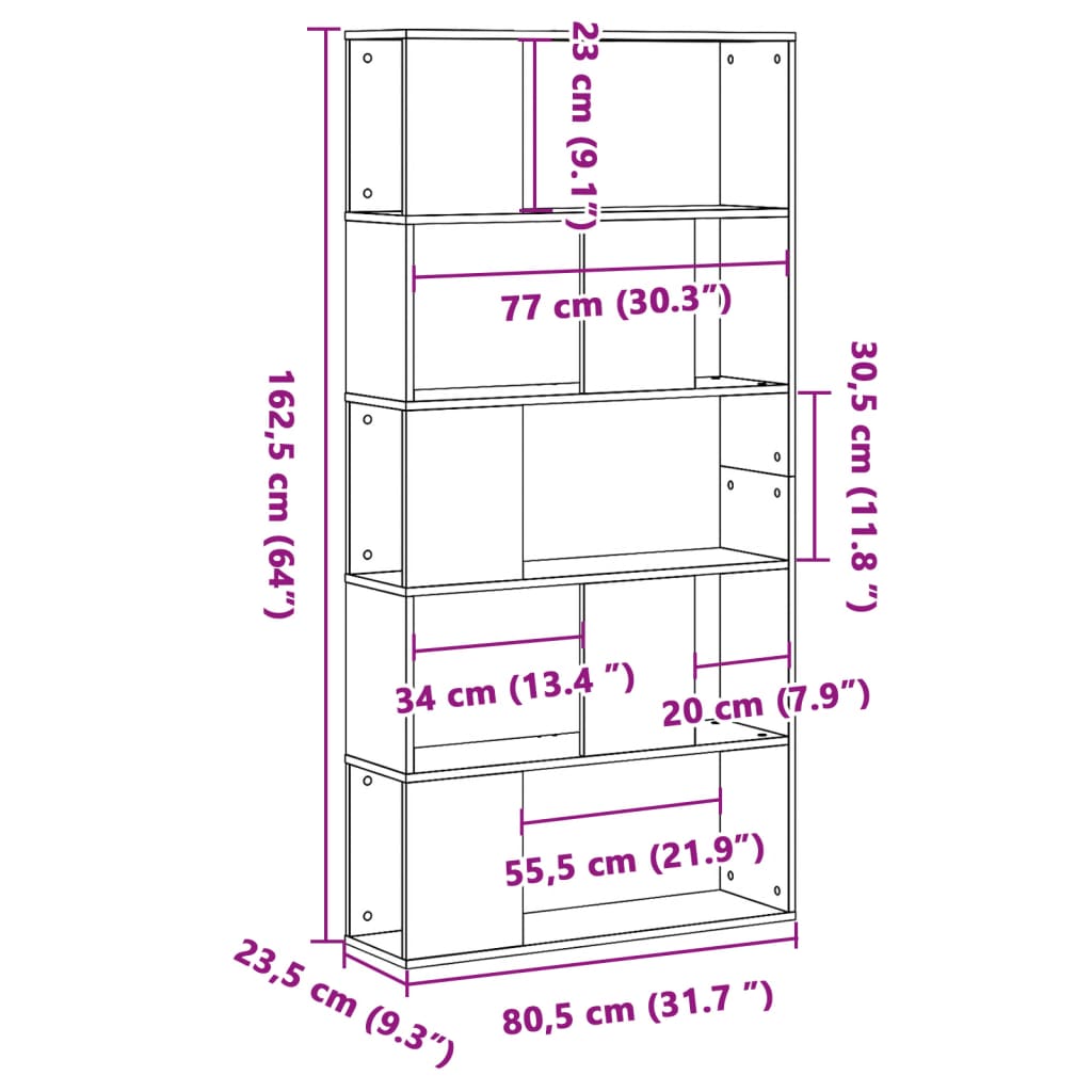 Bokhylle 5 etasjer svart 80,5x23,5x162,5 cm konstruert tre