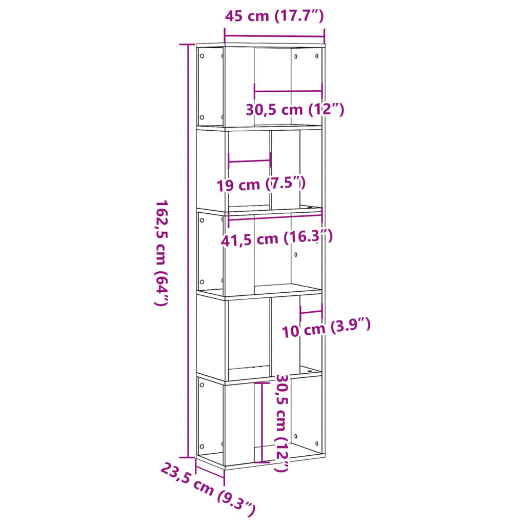 Bokhylle 5 etasjer svart 45x23,5x162,5 cm konstruert tre