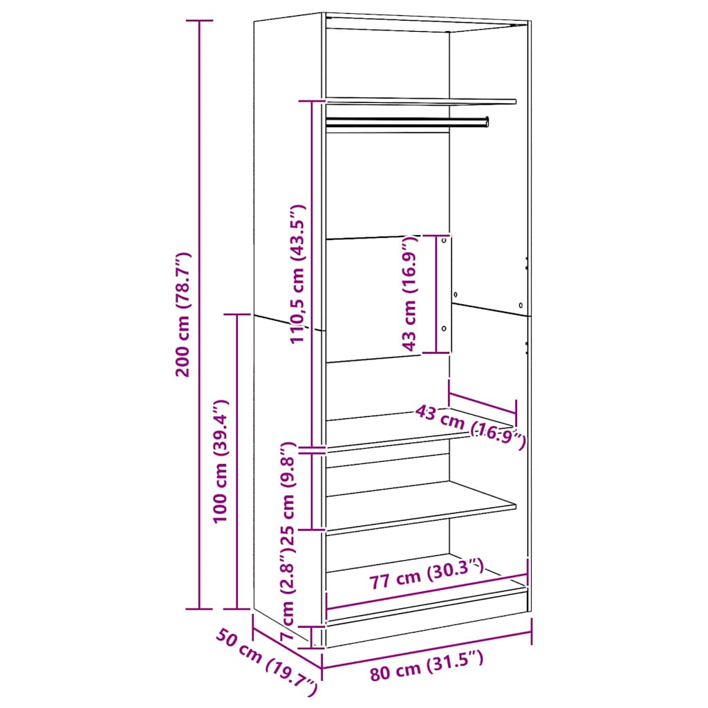 Garderobe artisan eik 80x50x200 cm konstruert tre