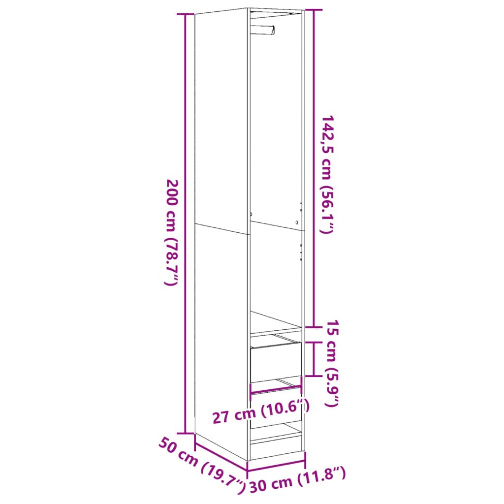 Garderobe artisan eik 30x50x200 cm konstruert tre