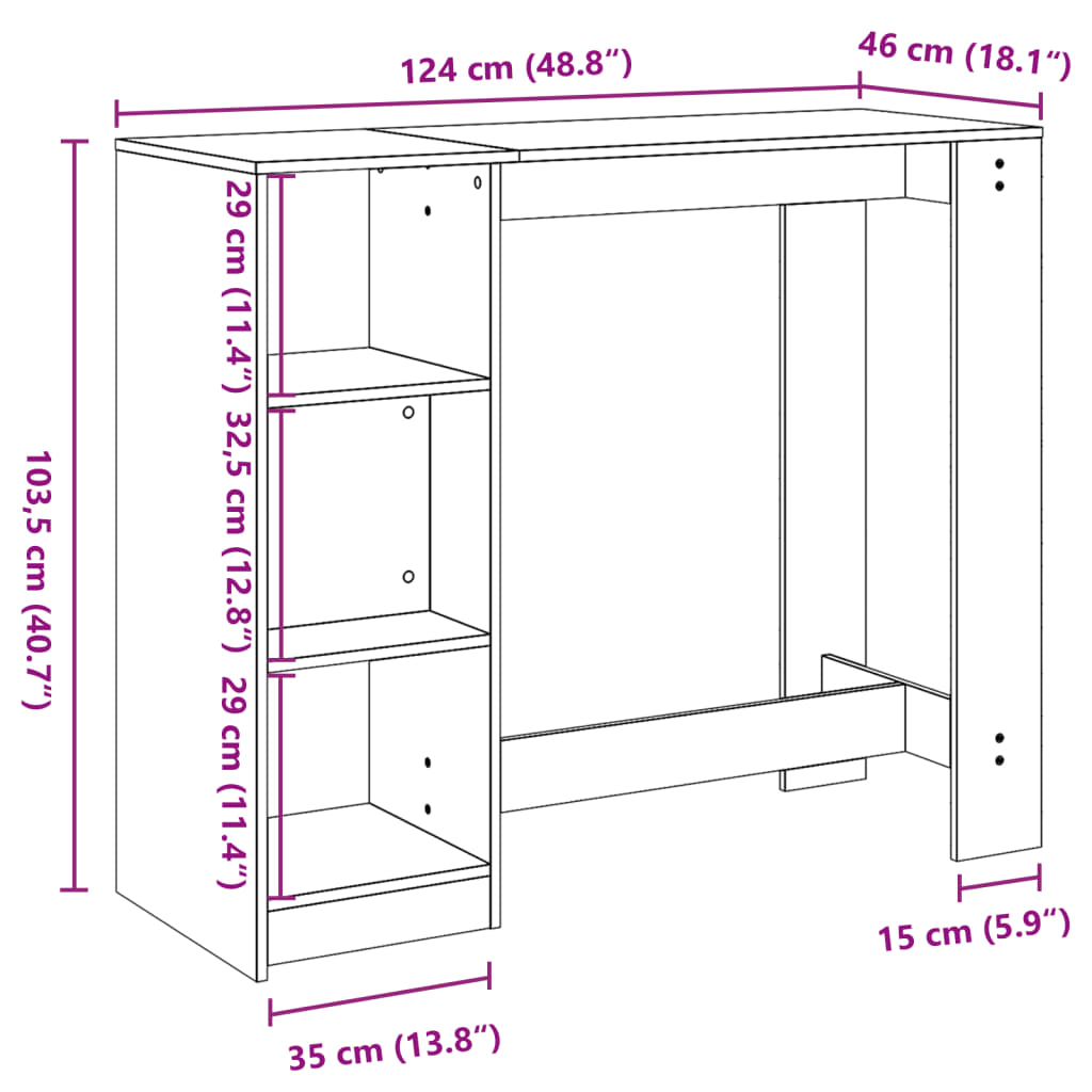 Barbord med hylle gammelt tre 124x46x103,5 cm konstruert tre