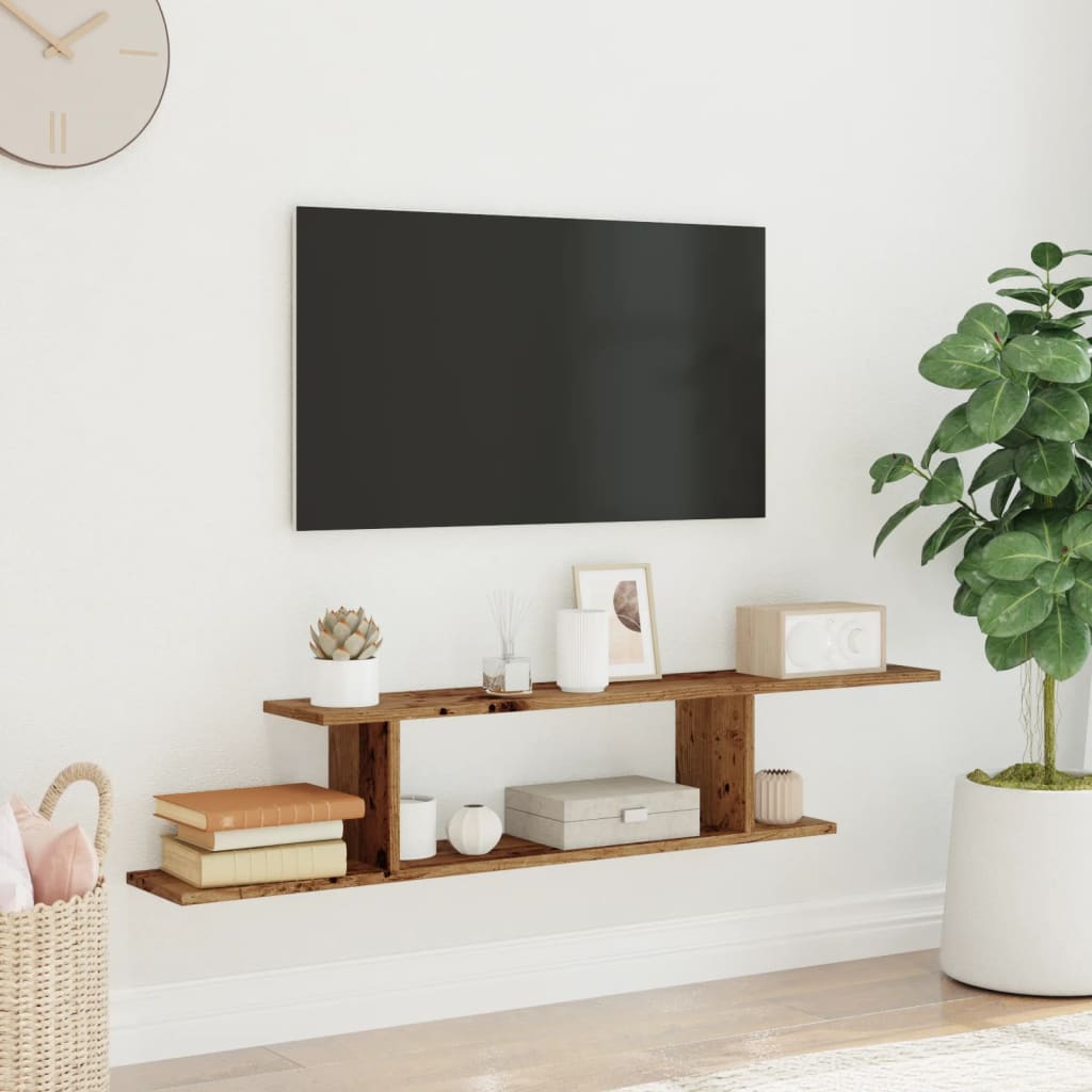 Veggmontert TV-hylle gammelt tre 125x18x23 cm konstruert tre