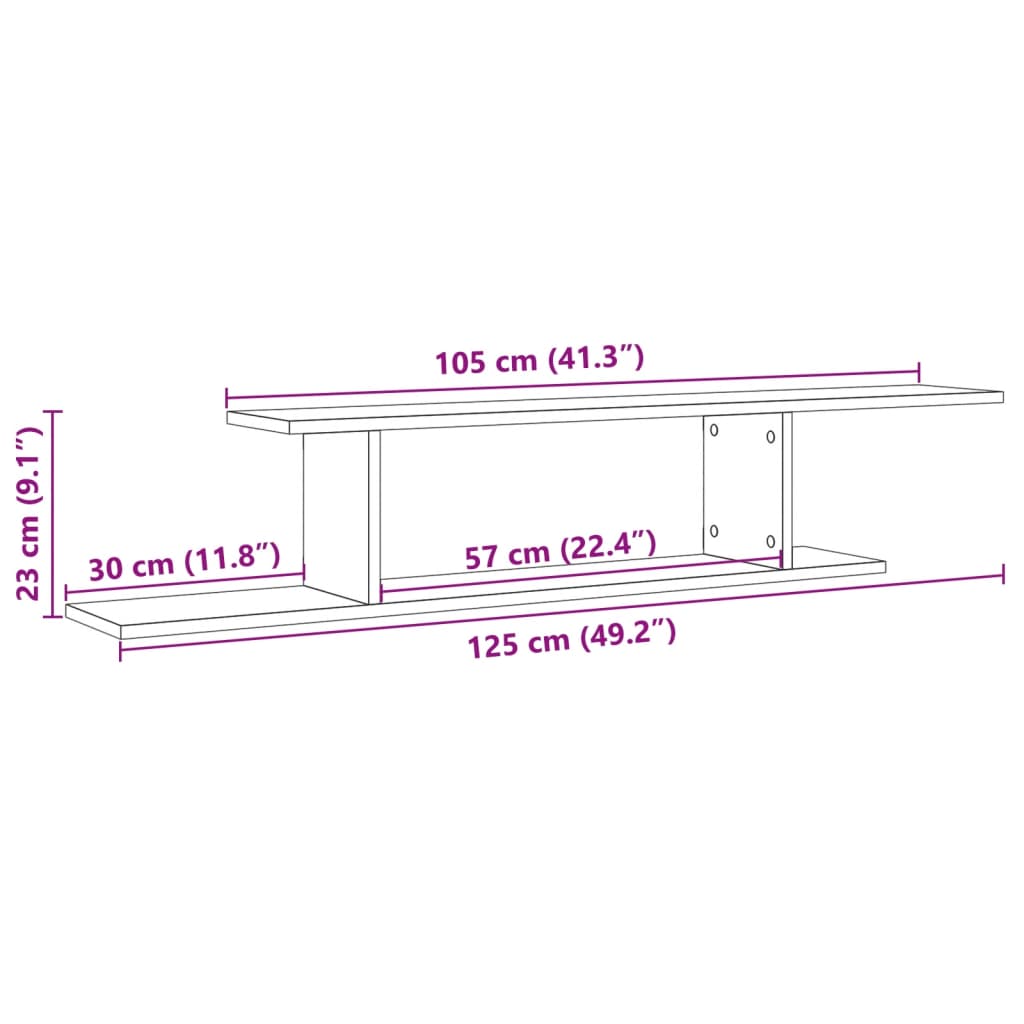 Veggmontert TV-hylle gammelt tre 125x18x23 cm konstruert tre