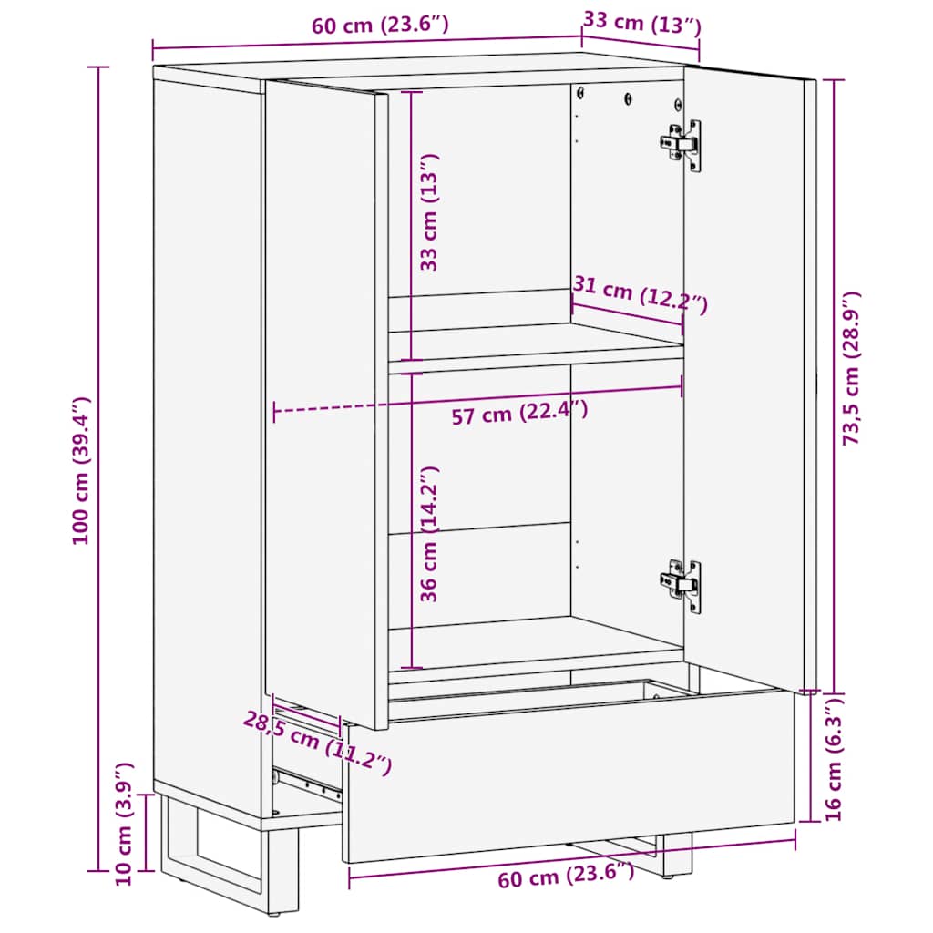 Highboard svart 60x33x100 cm heltre mango