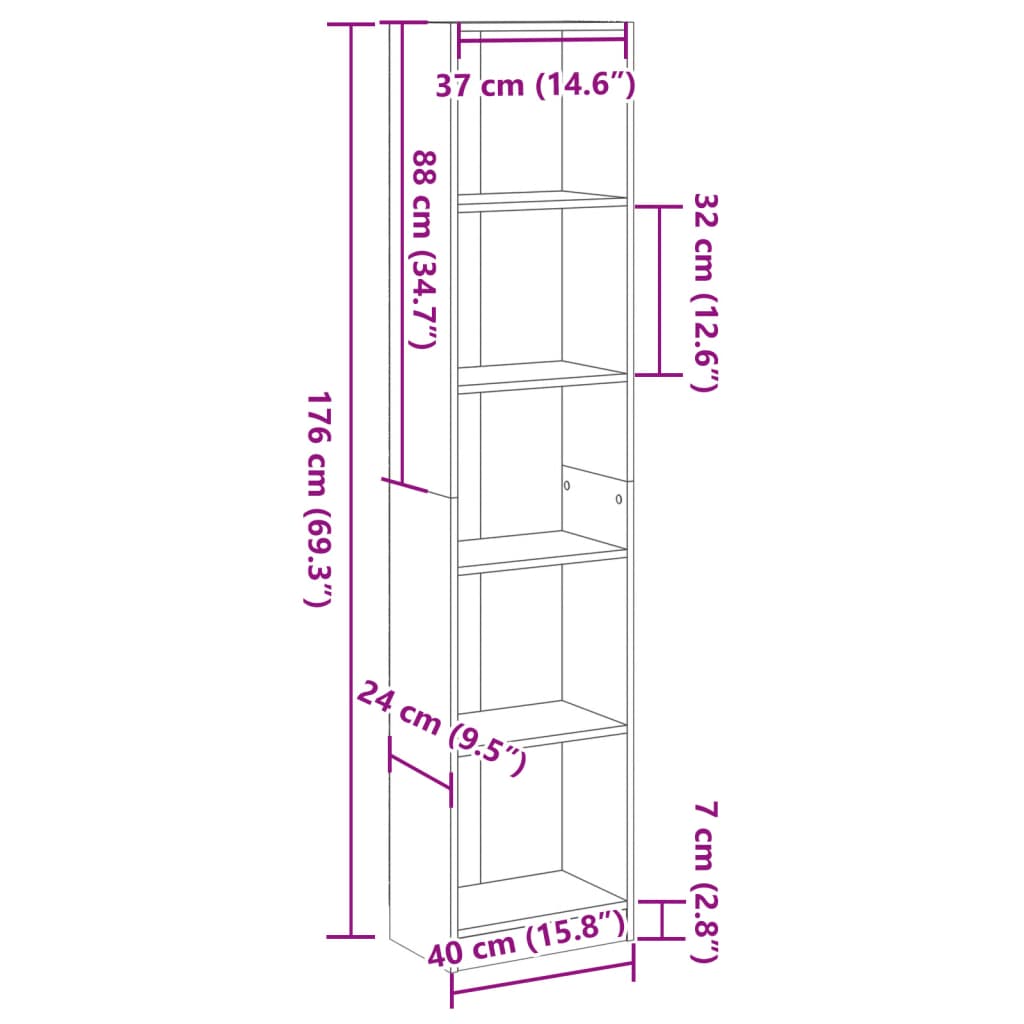 Bokhylle sonoma eik 40x24x176 cm konstruert tre