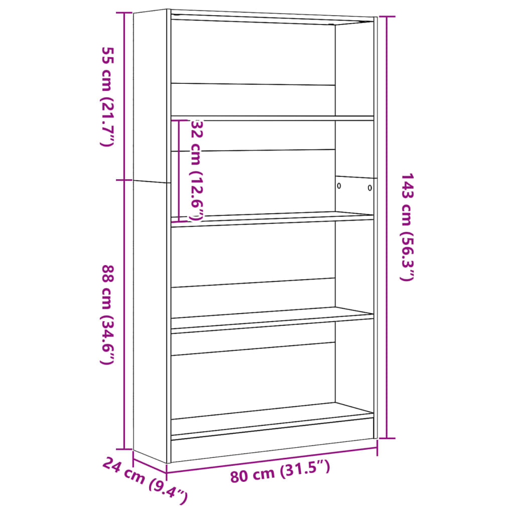Bokhylle sonoma eik 80x24x143 cm konstruert tre