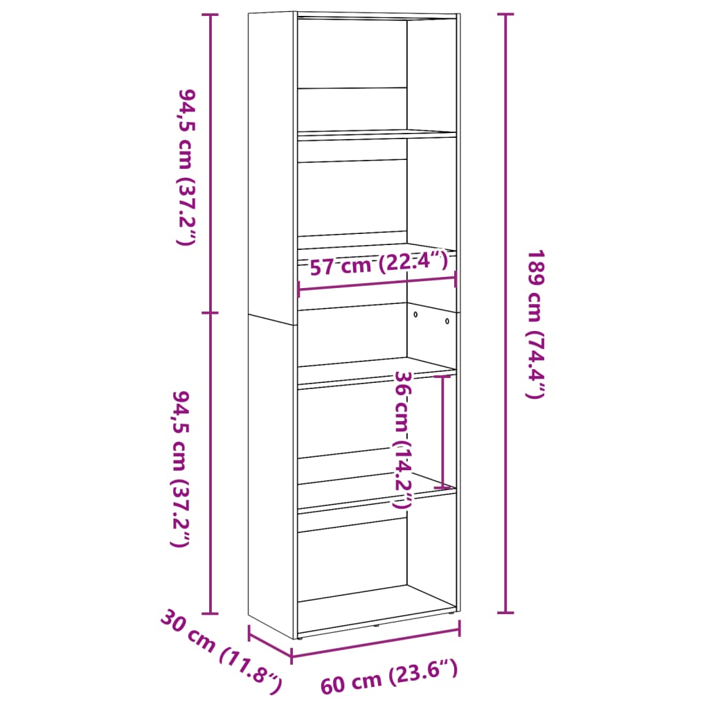 Bokhylle sonoma eik 60x30x189 cm konstruert tre