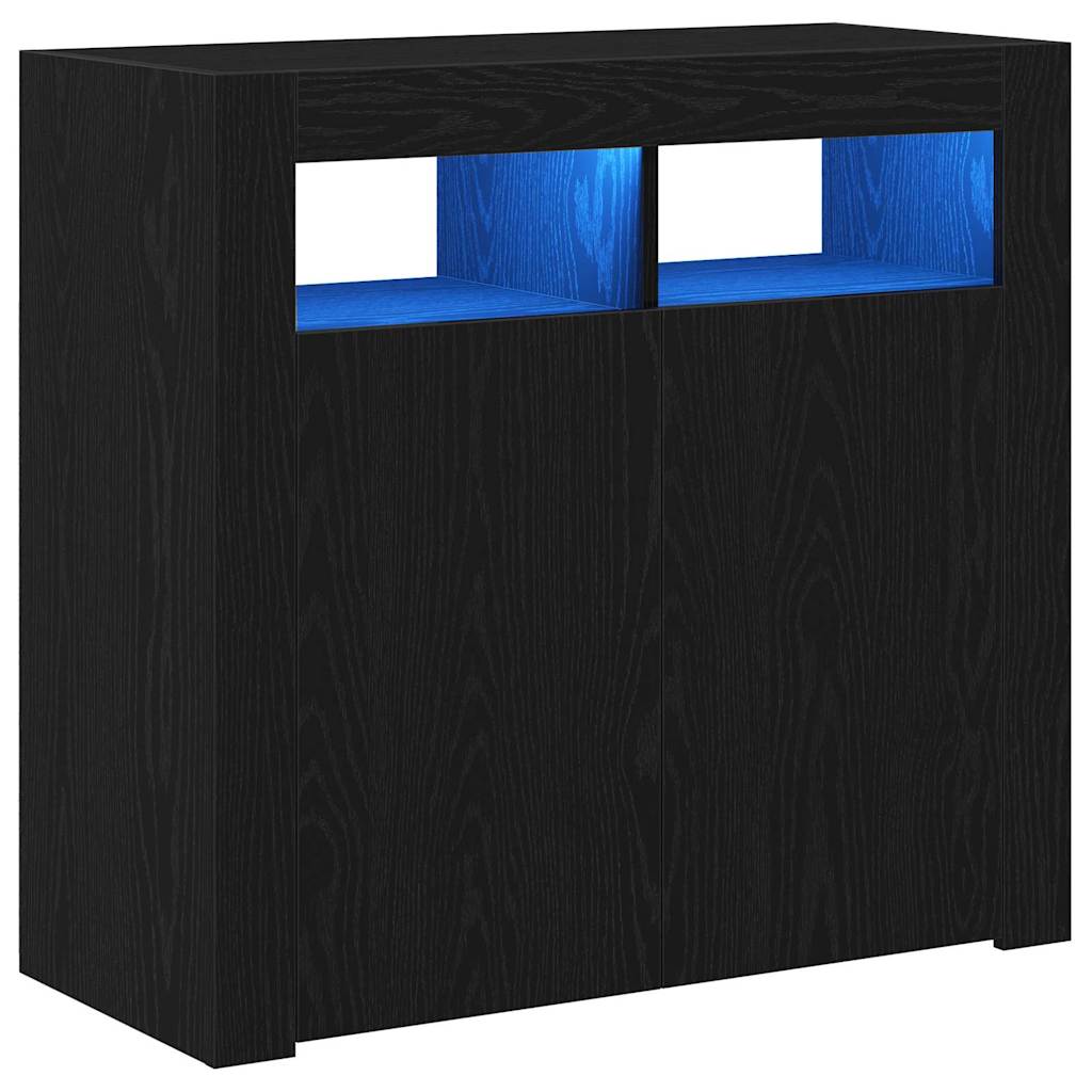 Sideboard med LED-lamper, svart eik, 80x35x75 cm, konstruert tre