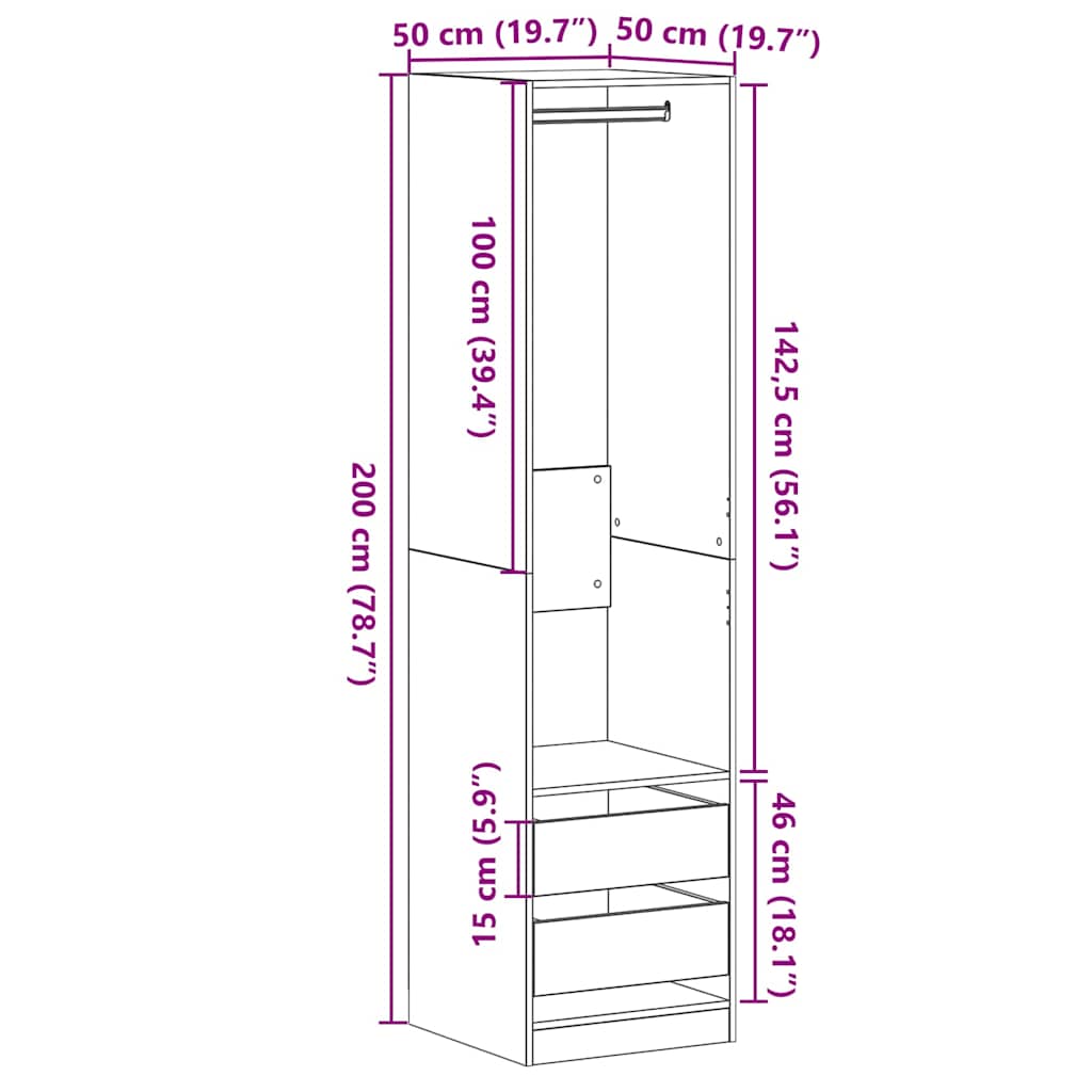 Garderobe - Svart Eik, 50 x 50 x 200 cm, Laget av konstruert tre