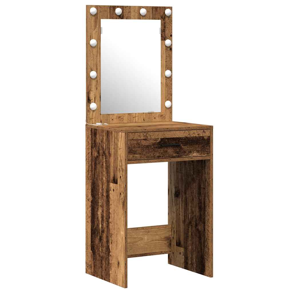 2-delt sminkebordsett med LED i gammel tre finish
