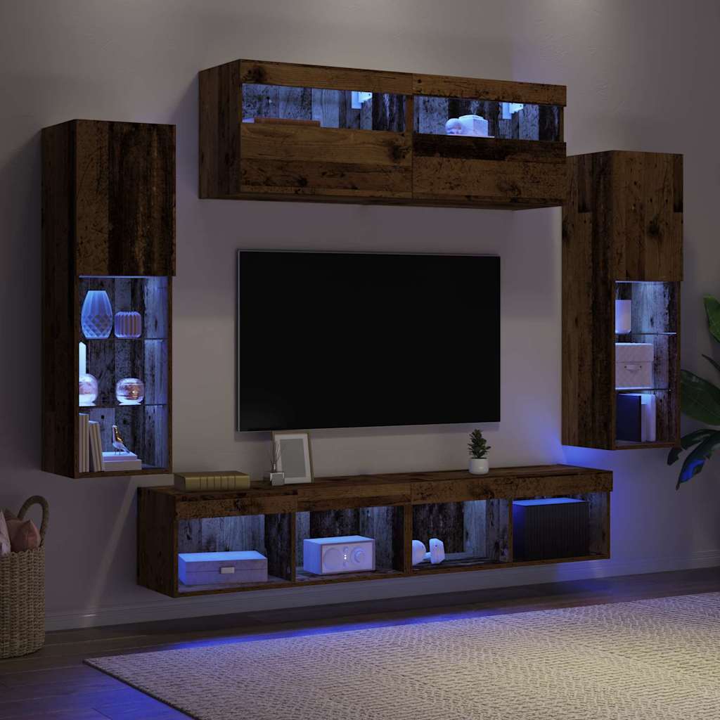 8 Delt TV Vegg Enheter med LED Gammelt Tre Konstruert Tre