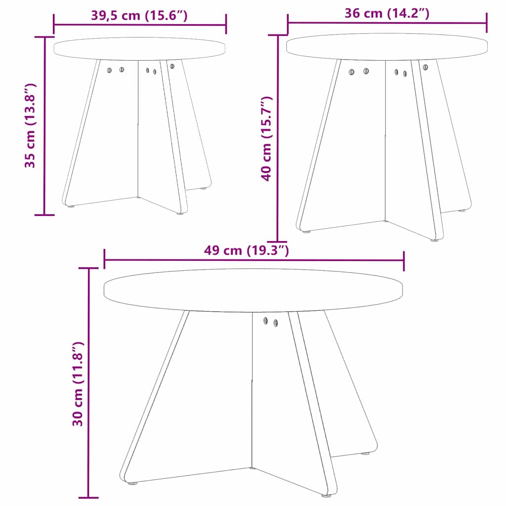 Kaffebord 3 pcs Vokset brun 49 x 49 x 30 cm Massiv furu tre